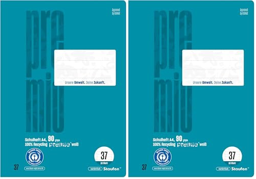 Staufen premio Schulheft - 4 Hefte je 16 Blatt, DIN A4, Lineatur 37 (9mm liniert, Rand perforiert), 90 g/m² Recyclingpapier, runde Ecken verhindern „Eselsohren“ (Packung mit 2)