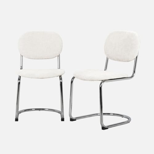 sweeek-Silla Cantilever Redondeada de Metal, Tela Chenille y Patas cromadas,Set de 2 Beige - 47x54.5x81 cm