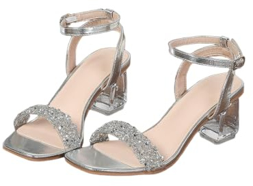 SMYDM - Sandalias de tacón cuadrado con purpurina plateada para mujer, con una correa, tacón grueso, cristal transparente, zapatos de vestir para fiesta