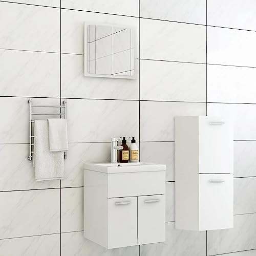 LoogCape Bathroom Furniture Set, White, Made of Wood Material with Basin Cabinet, Midi Cabinet and Mirror, Ceramic Built-in Basin, Bathroom Furniture Set for Washbasin, Storage, Guest Toilet
