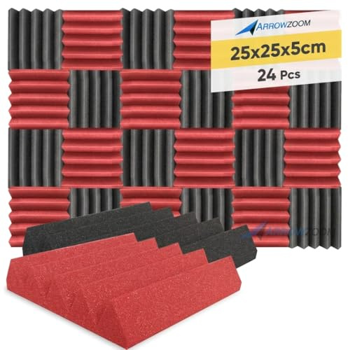 Arrowzoom 24 Akkustik Platten Akkustikschaumstoffmatten Akustikschaumstoff 25x25x5cm Dämmung Wedge Noppenschaumstoff Breitbandabsorber Foam Feuerhemmend Tonstudio Schallabsorbierende Rot Schwarz