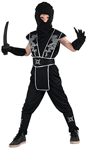DEGUISE TOI - Déguisement ninja étoile Shuriken garçon - Haut - Pantalon - Ceinture - Armure - 2 Jambières - 2 Manchettes - Cagoule - L 10-12 ans (130-140 cm) - Noir - Déguisements enfants -