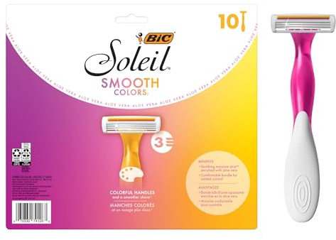 BIC Soleil 3 Colors Women's Disposable 3 Blade Razors, Colorful Handles and Moisture Strip, 10-Pack
