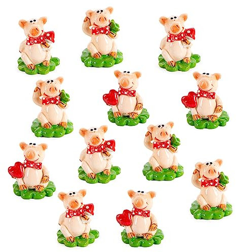 Logbuch-Verlag 12 kleine Glücksschweine 2,5 cm Neujahr Glücksbringer auf Kleeblatt grün rot Mini Geschenk Tischdeko rosa