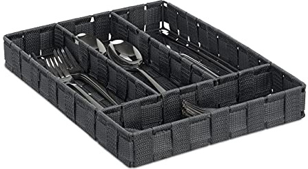 Relaxdays Besteckkasten, Schubladeneinsatz mit 4 Fächern, für Küchenbesteck, geflochten, HxBxT 4,5 x 26 x 36 cm, grau 10030252_111