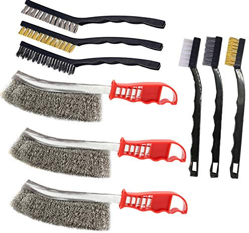 Sayago 9-Teiliges Drahtbürsten-Set mit Borsten aus Edelstahl Messing und Nylon gebogener Griff für die Reinigung von Schweißschlacken und Rost 2 Stück pro Typ (9 Pcs Drahtbürste Set)