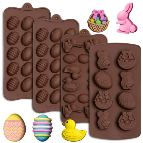 Whaline 4 Packs Easter Egg Silicone Molds Chocolate Molds Bunny Rabbit Duck Basket Resin Chocolate Candy Mould for Easter Spring Party Kitchen Fondant Mousse Cake Topper Making