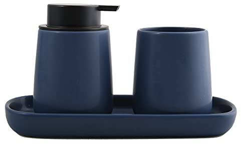 MSV Set de Salle de Bain 3 pièces en céramique Maonie Distributeur de Savon Porte-Bijoux et gobelet à Brosse à Dents Bleu foncé