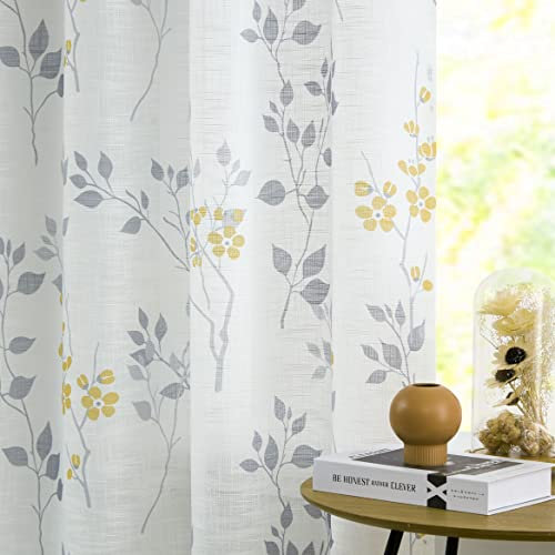 Beauoop Gelb Grau Voile Vorhänge Blätter Blumen Muster Leinenoptik Vorhänge mit Ösen für Wohnzimmer Botanisch Halbtransparent Ösenvorhang für Bauernhaus Schlafzimmer 2er Set, 127 x 175cm (HxB)