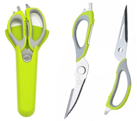 Forbici da cucina professionali multiuso in acciaio inox con coperchio, forbici da cucina resistenti e affilate per verdure, carne, squame di pesce, apribottiglie (verde)