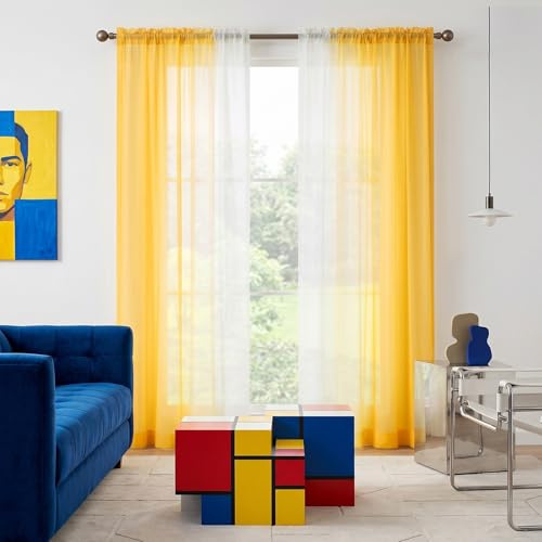 Melodieux Gelb Ombre Gardinen mit Kräuselband 225x140cm, 2er Set | Modern Transparent Vorhänge für Wohnzimmer, Elegantes Chiffon Kräuselband Vorhang, Durchlässig Gardine Luftig Dekoschal