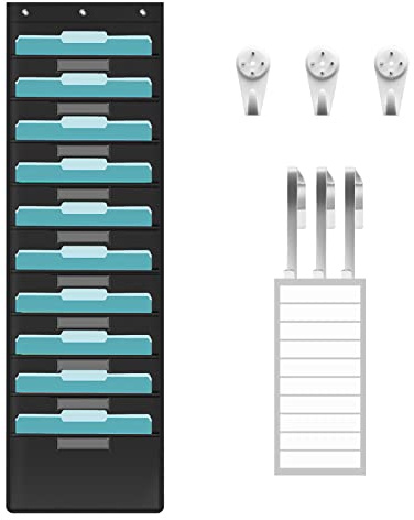 KIKIGOAL 10 Pockets Hanging Wall File Organizer, Heavy Duty Storage Pocket Chart with 10 Name Tag Pocket for File Folder and Paper, Over The Door Hooks, Labels (10 Pockets)