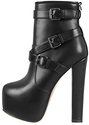 Only maker Stivaletti da donna con plateau e tacco a blocco, con calda imbottitura, con fibbie, Nero , 46 EU