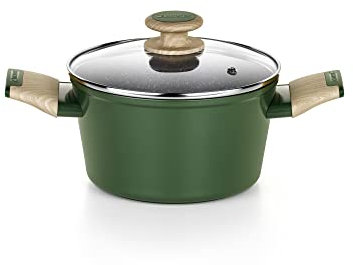 MONIX Amazonia | Cacerola alta 20 cm, aluminio forjado, antiadherente tricapa, sin PFOA, fondo full induction, asas baquelita y recubrimiento soft touch efecto madera