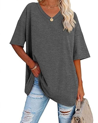 Ebifin Maglietta Oversize da Donna con Scollo a V Manica Corta Casual Sciolto di Base Estivo Magliette Camicetta.Grigio Scuro,XXL