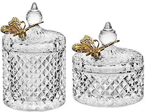 Ezebesta Paquete de 2 botes de baño vintage con hermosas tapas de mariposa, juego de tarros de vidrio transparente pequeños y gruesos, dispensador de soporte Qtip para organización de almacenamiento