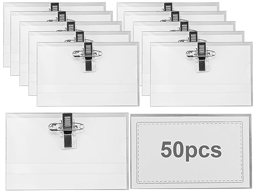 50 Pcs Name Badges for Work with Crocodile Clip and Secure Pin, 9x5.6cm Professional Name Tag Clothes Name Labels Badge Holder Conference Staff Badge Horizontal ID Holders for Office School