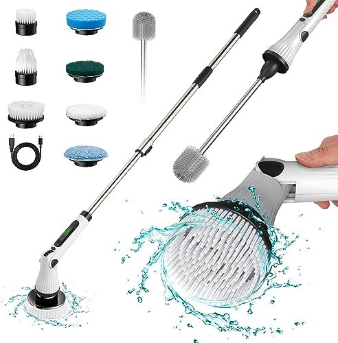 Elektrische Reinigungsbürste für Bad und WC, Kabelloser Bad-Wannenschrubber mit 8 Austauschbaren Bohrbürstenköpfen, Reinigungsbürste für Dusche & WC mit Verstellbarem Griff (Weiß)
