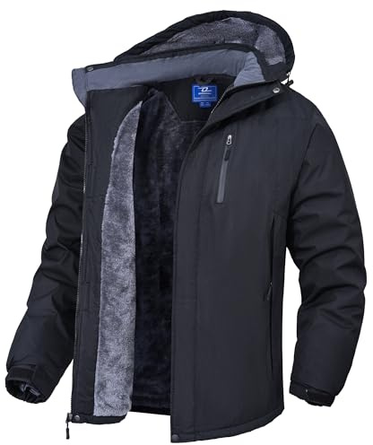 cioiniei Men's Waterproof Skiing Ice Jackets Multi-Pockets Hooded Skating Coat Windproof Parka With Detachable Hood Black-L