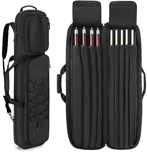 GOBUROUS Custodia per stecche da biliardo 4 x 5, custodia per 4 mozziconi e 5 aste, morbida borsa per bastoncini da biliardo con grandi tasche frontali per accessori e tracolla per un facile