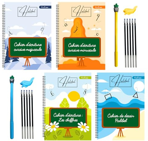 Halibel - 4 cuadernos para escribir mágicamente caligrafía, para niños franceses, reutilizables (maternal, CP, CE1, CE2), para aprender a escribir, 2 bolígrafos mágicos y 10 recargas de tinta