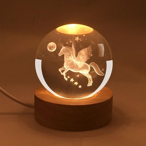 3D Dream Horse Crystal Ball Plug in Night Light,60mm Animal Glass Ball Lamps with Control LED Wooden Base,3D Engraved Crystal Ball Lamps Ornament Home Decor, Gift for Christmas Kids Friends Family
