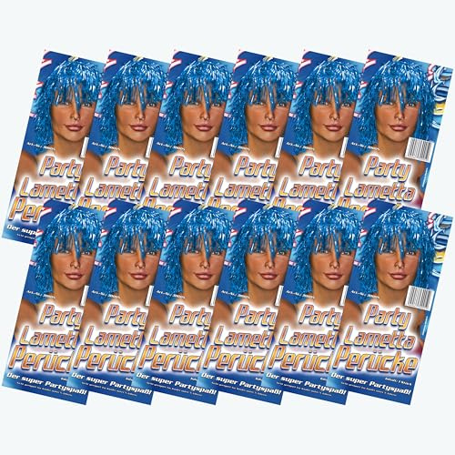 Nico Europe® Lametta-Perücke 12er Set, Blau Metallic | Kostüm, Halloween, Karneval, Fasching, Cosplay, Mottoparty, Damen & Herren, Gruppenkostüm