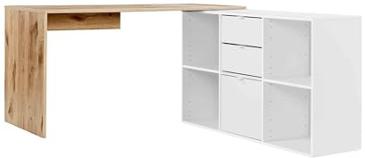 mokebo Eckschreibtisch groß in Eiche/Weiß mit Schubladen & Fächern 'Der Produktive', auch als Schreibtisch oder Arbeitstisch im Büro, Kinderschreibtisch oder Gaming Tisch 145x77x54 (B/H/T in cm)