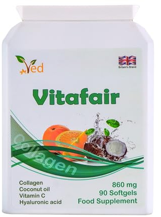Vitafair Collagen Plus Kokosnussöl, Vitamin C, Hyaluronsäure, 860 mg 90 Vitafair-Mischung aus Kollagen, Kokosnussöl, Vitamin C und Hyaluronsäure, unterstützt den Zustand Ihrer Haut, 860 mg 90 Softgel