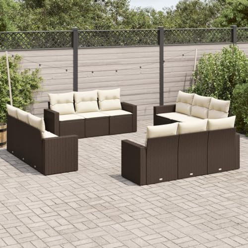 Rantry 12-TLG. Gartenmöbel Set mit Kissen Gartensofa Balkonmöbel Gartenlounge Loungesofa Rattansofa Modular Ecksofa Ecklounge Sitzgruppe Sofagarnitur Loungemöbel Braun Poly Rattan