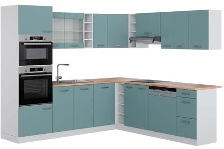 Vicco Eckküche R-Line, Blau-Grau/Weiß, 247 x 237 cm | 14 Module · Höhenverstellbare Füße · AP Eiche inkl. · Robuste Fronten · Mit Backofen-/Mikrowellenschrank