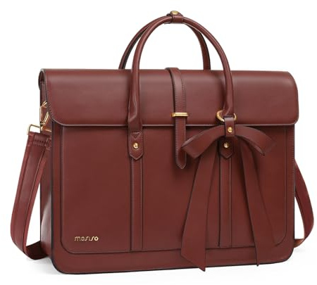 MOSISO Laptoptasche Damen 17,3 Zoll, PU Leder Handtasche Schultasche | Aktentasche Arbeitstasche Uni Tasche Büro Reisen Schultertasche Umrüstbar auf Rucksack mit Schleifenknoten, Braun