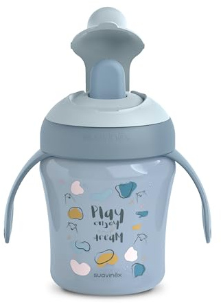 Suavinex, Tazza evolutiva con beccuccio Rigido Antigoccia e Tappo Protettivo, Bicchiere Antigoccia, 200 ml, bimbi +6 Mesi, Lavabile in Lavastoviglie, My Family Blu