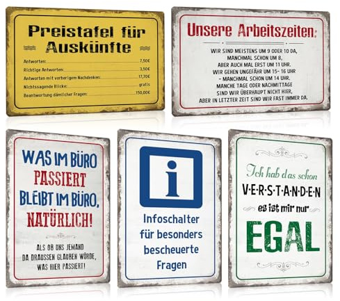 5ER LUSTIG SPRUCH SCHILD SET - Infoschalter Bescheuerte Fragen - Preistafel Auskünfte - Büro Gadgets Festival Wand-deko Zubehör - Retro Blechschild Türschild für Kollegen Freunde Partydeko - DIN A4