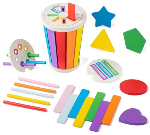 Smartwo Montessori Shape and Colour Sorting Game for Toddlers, Wooden Educational Toys for 1 2 3 years old, Sensory Toys, Fine Motor Skills Learning, Travel Activities for Kids in Airplane and Car