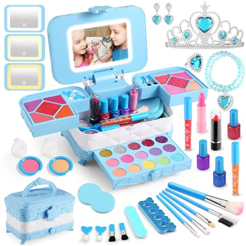 YasinKidz Maquillaje para niña, juego con espejo cosmético LED de 3 colores, 57 piezas, lavable, maletín de juegos para niña, para Navidad, cumpleaños, fiesta 3-10 años (azul)