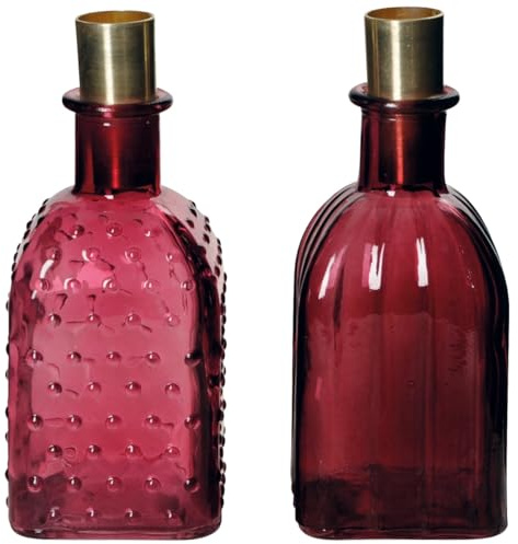 Vintage Kerzenhalter Flaschen im 2er Set - Stilvolle Rosa Glasvasen für Stabkerzen & Tischdeko mit Gold Akzenten - Kerzenständer, Boho Wohnaccessoire, Skandi Dekoration & Moderne Stabkerzenhalter