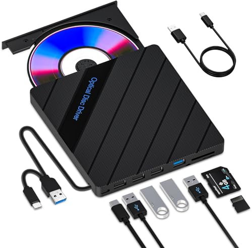 8-in-1 External CD DVD Drive for Laptop USB 3.0 Type-C Slim Portable Player CD DVD RW Burner Writer Reader with SD/TF Slot & 4 USB Ports, Optical Disk Drive for Windows11/10/Mac OS/Macbook/Vista/Linux