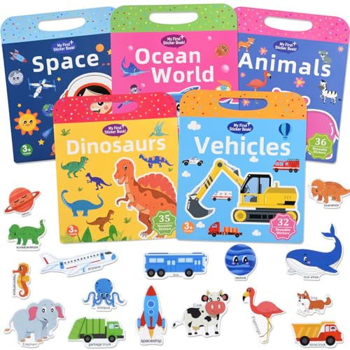 ASTARON 5-pack återanvändbara 3D puffy klistermärken böcker för barn 3-6, gelé klistermärken spel pedagogiska leksaker för sinnena, reseleksaker och upptagen bok