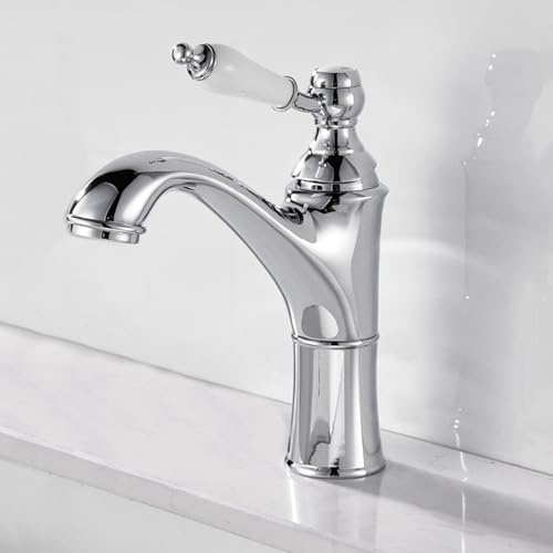 ZYCDP Badezimmer Armatur Waschbecken Retro Messing, Wasserhahn Badezimmer Einhebelmischer Warm und Kalt Chrom