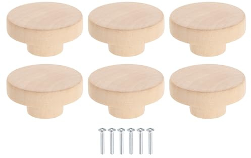 sourcing map Runde Schubladenknöpfe aus Holz, 5,1 cm Durchmesser, flache runde Kommodenknöpfe, Holzknöpfe mit Schrauben für Möbel, Schubladen, Kommoden, Kleiderschrank, 6 Stück