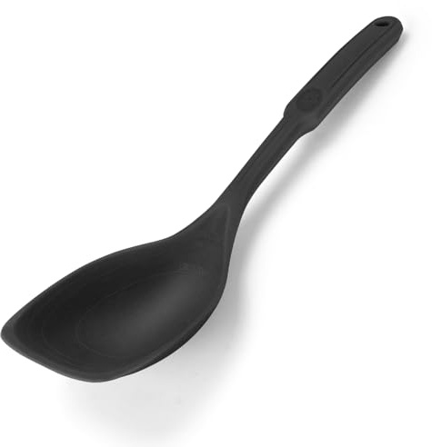 CVIUYO Silicone Spatula Cooking Spoon, 3-in-1 Silicone Kitchen Spoon, Heat Resistant Nonstick Solid Spoon with Deep Groove and Measurement Mark for Frying, Serving Soup and Rice (Black)