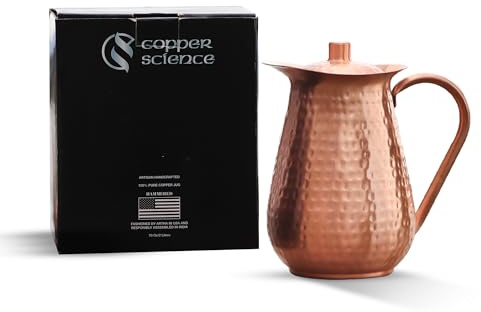 Copper-Science Pichet en cuivre 1,927,8 g avec couvercle – Pichet en cuivre pur fabriqué à la main | Design martelé à la main | Avantages ayurvédiques | Parfait pour la maison, le bureau ou le chevet