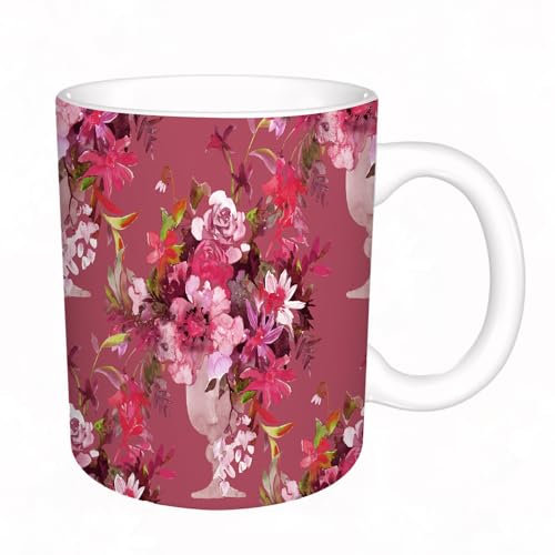 YFHJV Mug porcelaine fine Mug Tasses de 11 oz 330ml,Bouquet opulent à l'aquarelle de roses et de diverses fleurs de jardin dans un v,amis,frères et soeurs imprimer Tasse de café exquis CadeauEnsemble