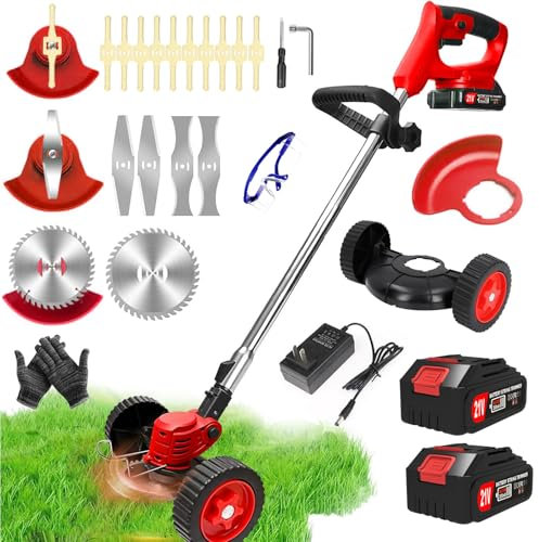 DéBroussailleuse à Electrique sans Fil 21V 2.0Ah Coupe Bordure sans Fil avec 2 Batterie et Chargeur Rapide Taille Bordure avec Roues Trois Types De Lames,légères et à Faible Bruit,pour Jardin Élagage