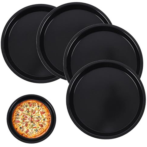 Feegela 4 Piezas Molde Pizza Redondo Antiadherente, Juego Moldes Pizza,Bandeja para Hornear Pizza de Acero al Carbono, Ideal para Horno, Parrilla o Pizza Casera,Diámetro de 16 cm
