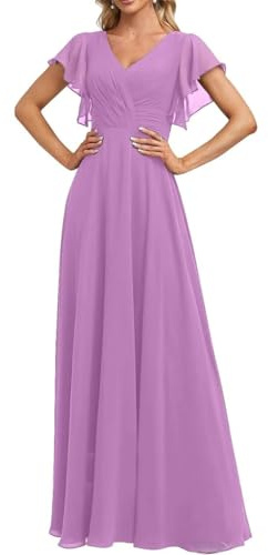 Robe de demoiselle d'honneur à manches courtes pour mariage, en mousseline plissée, robe de soirée formelle, robe maxi trapèze AH125, lilas, 36