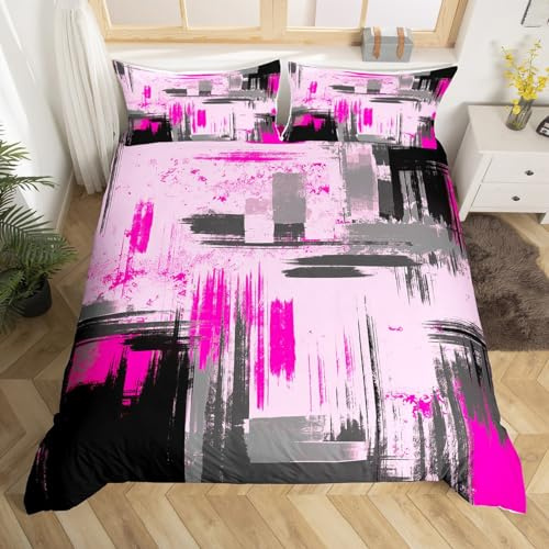 Loussiesd Enfants Chaud Rose Gris Noir Housse de Couette 220x240cm Art Abstrait Parure de Lit pour Garçons Filles Adolescents Chambre à Coucher décor Géométrique Literie Set Moderne