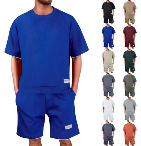 Generisch Waffle Herren Sommer Outfit Trainingsanzug Jogginganzug Kurz Freizeitanzug Kurzarm Tshirt + Kurze Jogginghose Sets 2 Teiler Casual Sommeranzug Fitness Sportanzug Y2K Zweiteiler M-5XL