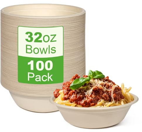 100 Pack Paper Disposable Brown Bowls 32oz Large Compostable Dishes for Hot | Eco-Friendly, Sugarcane Rigid White Bowls Biodegradable Compostable Soup Microwavable Bowl for Party BBQ Picnic